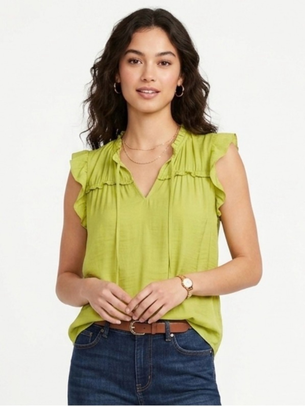 JNY Jones New York Green Ruffled Sleeveless Blouse Size S Small NWT